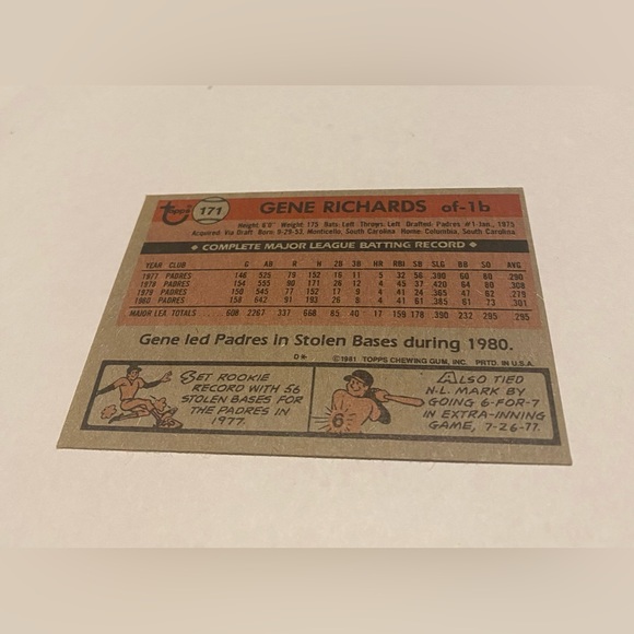 Gene Richards AUTOGRAPHED 1981 Topps Baseball Card vintage collectible